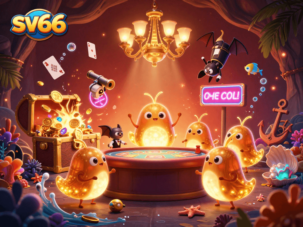 Experience the thrill of sv66 with glowing characters in a vibrant casino setting.