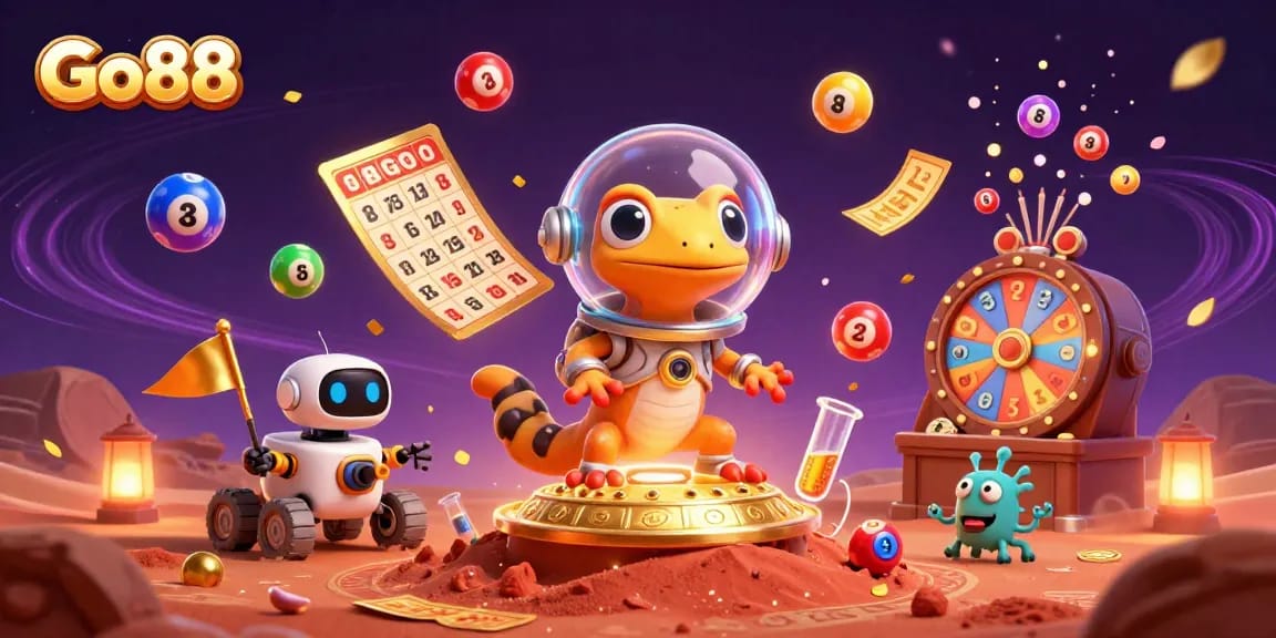Go88 Martian gecko discovers a golden casino with vibrant gambling elements in a cosmic scene.