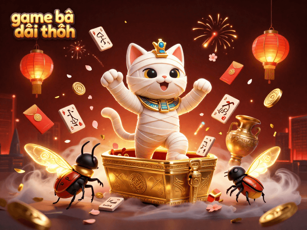 Join the fun of game bài đổi thưởng with 3D Egyptian mummy cat and vibrant casino elements.