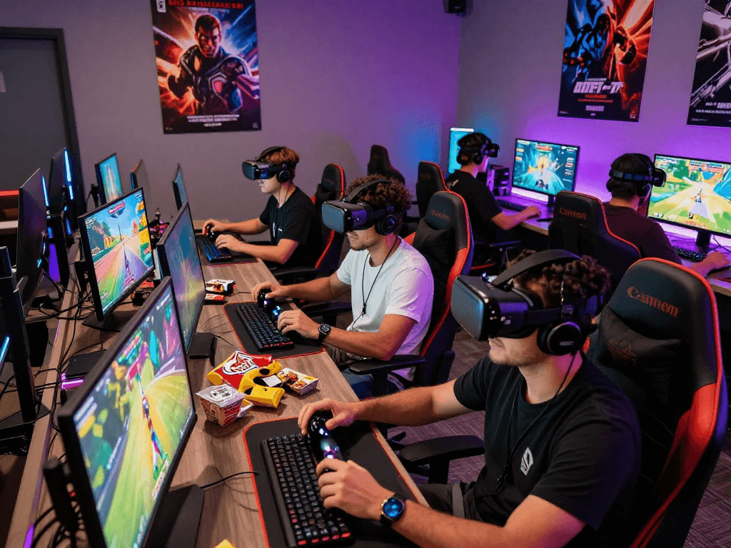 Engaging scene of players enjoying a lively porno game online with vibrant visuals and snacks.
