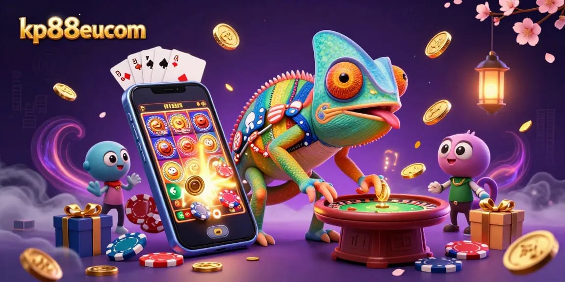 Engage with kp88eucom’s vibrant casino scene showcasing a chameleon owner and dynamic gaming elements.
