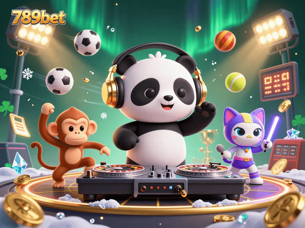 Experience the exciting atmosphere of the 789bet casino with a lively scene featuring a DJ panda and friends.