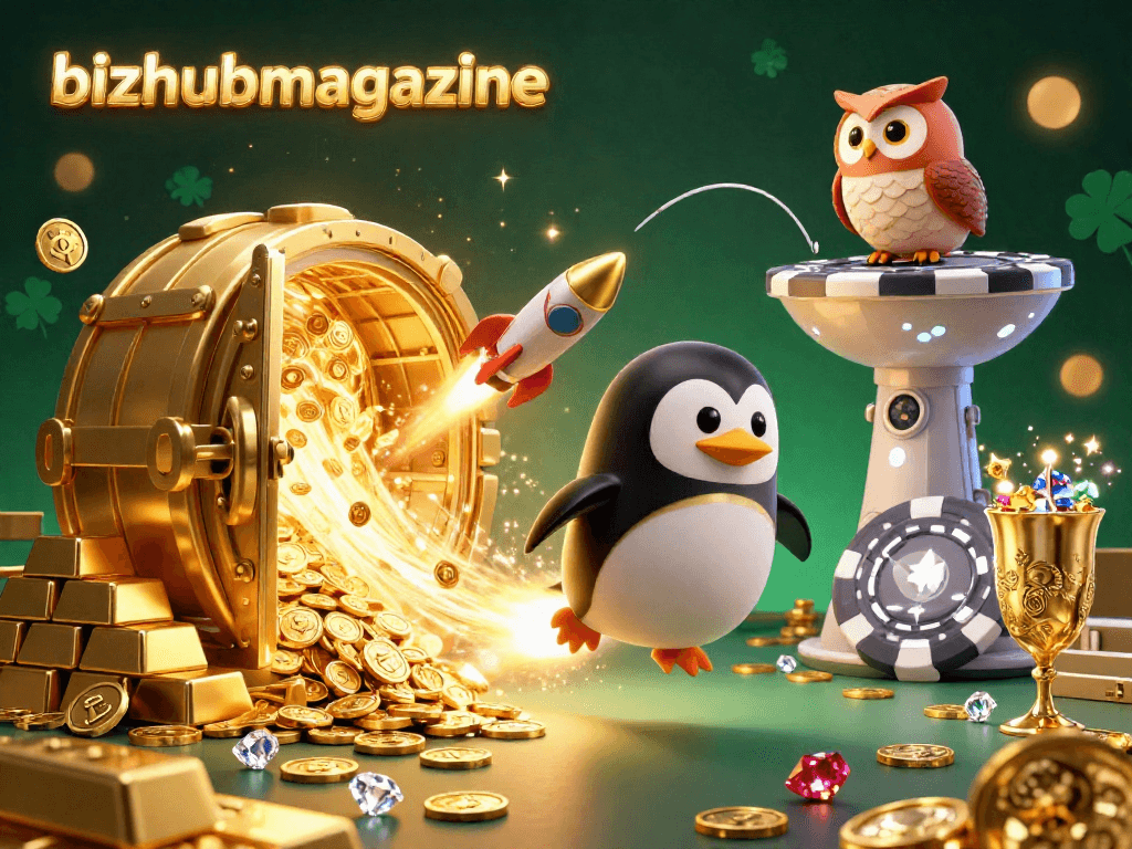 Experience winning strategies with the dynamic bizhubmagazine scene showcasing a golden penguin leading the casino adventure.