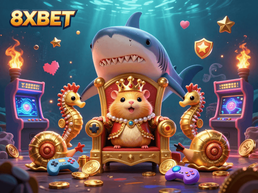 Engage with the exciting world of 8XBET featuring a vibrant, captivating underwater scene with a golden hamster king amidst a dynamic gaming environment.