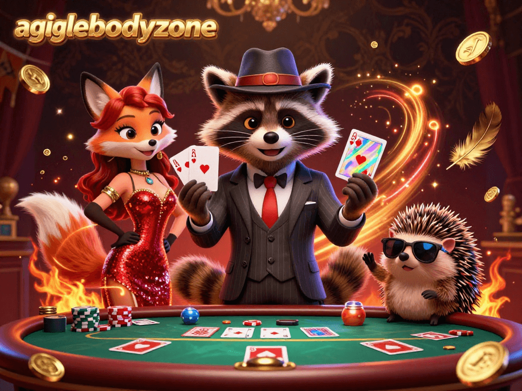 Engage with agilebodyzone's vibrant 3D gambling scene featuring a raccoon showcasing a royal flush among neon highlights.