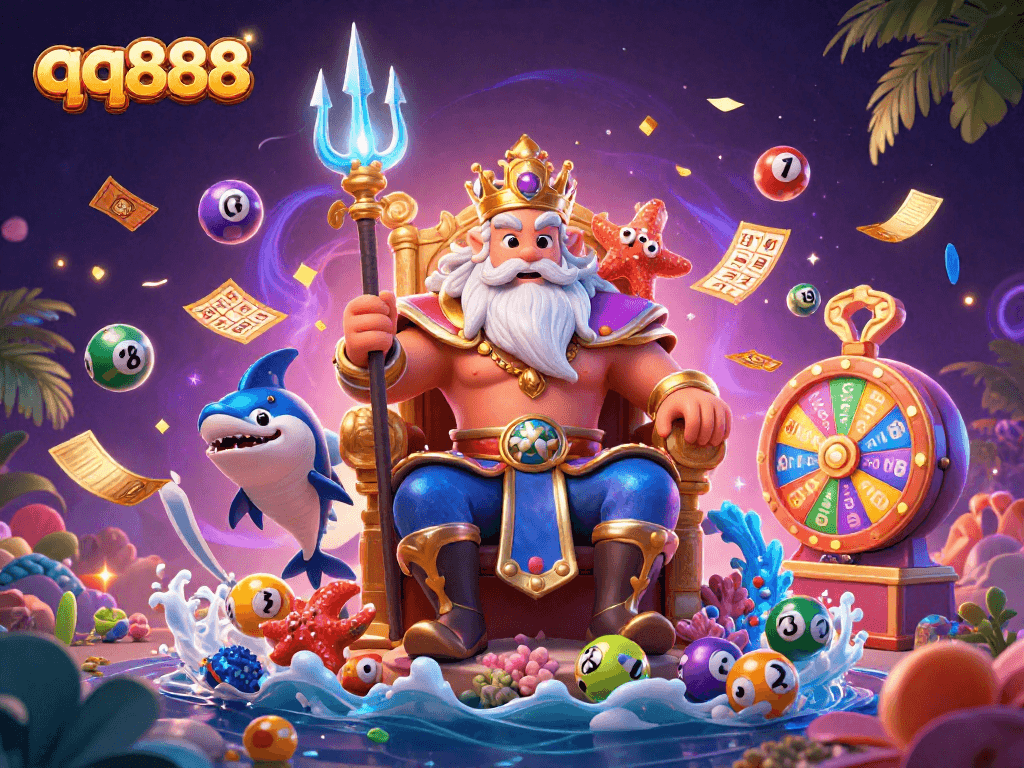Engage in thrilling gameplay with qq888, featuring Neptune amidst a vibrant casino scene.