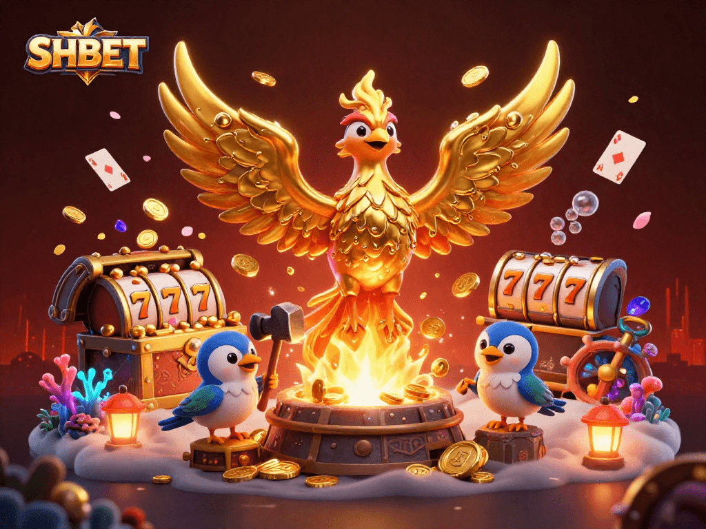 Experience the excitement of SHBET with dazzling casino elements and a golden phoenix illustrating the thrill of winning.