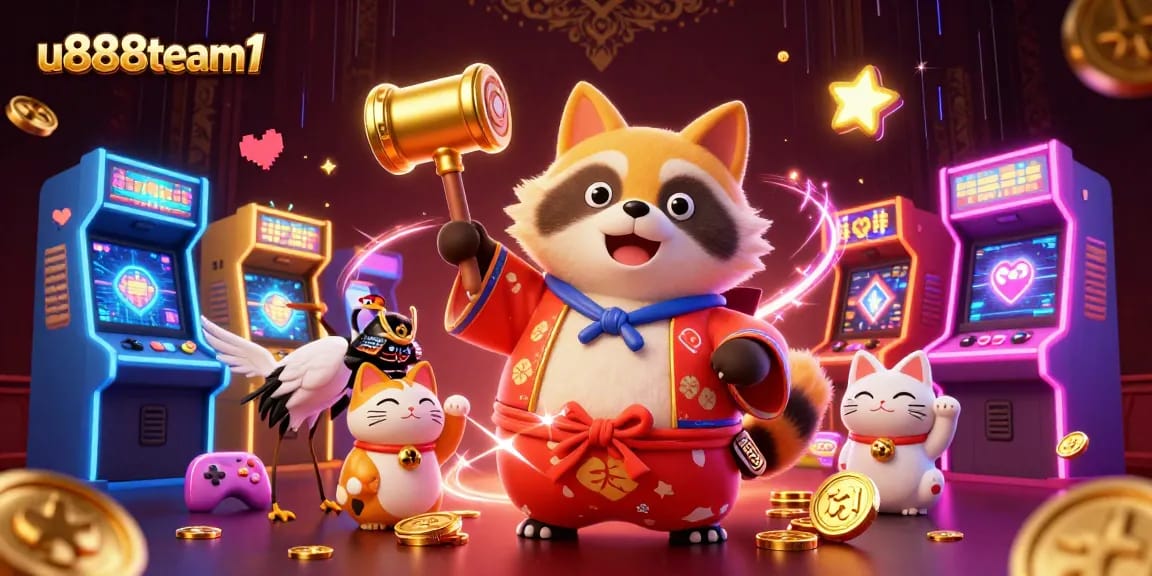 Experience the excitement of u888team1 with joyful characters amidst a vibrant casino scene.