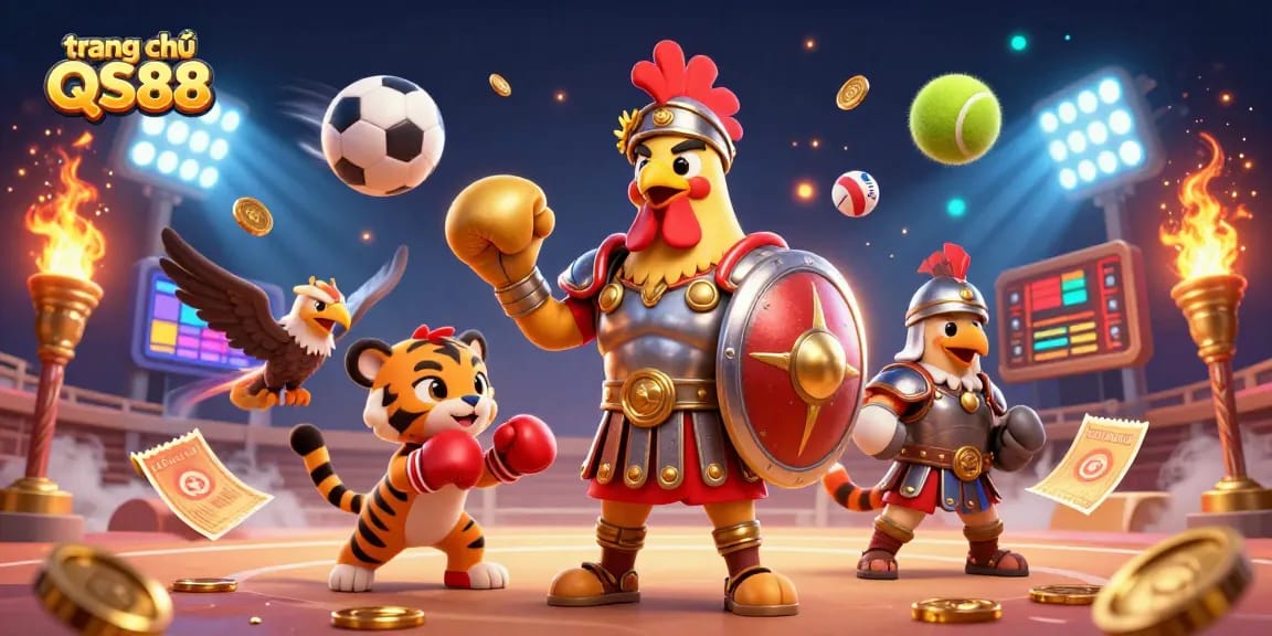 Experience thrilling action at trang chủ QS88 with a gladiator rooster and tiger sparring in a dynamic colosseum.