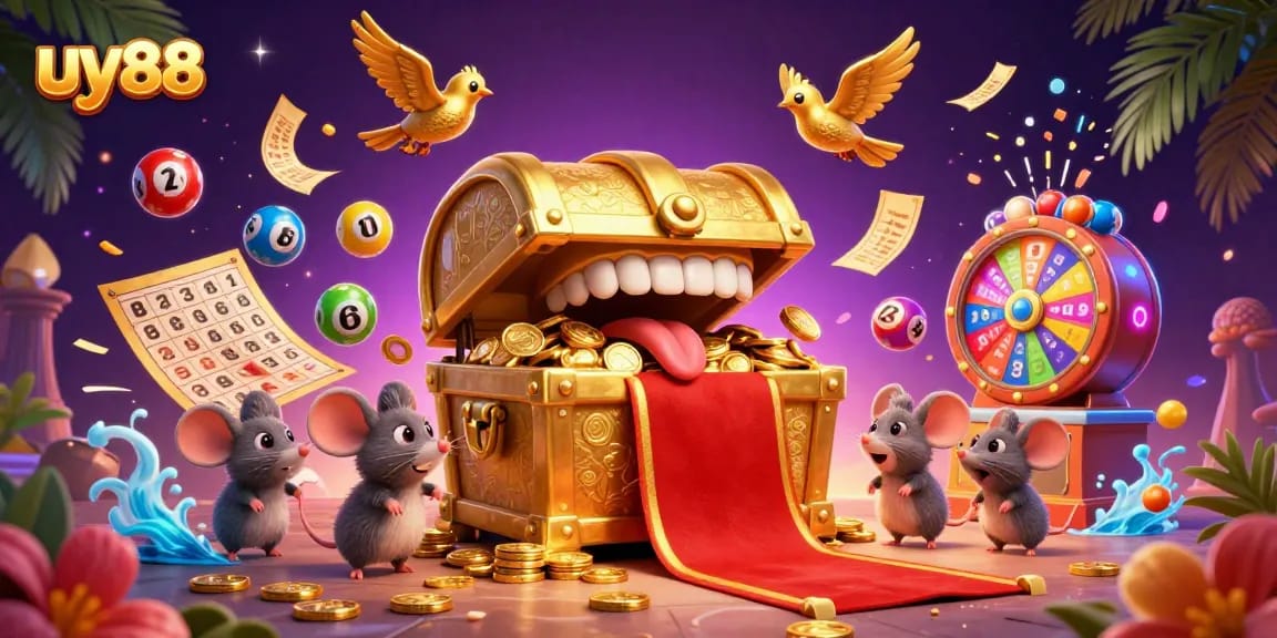 Engage with uy88's vibrant lottery scene featuring dynamic elements like bouncing balls and a treasure chest.