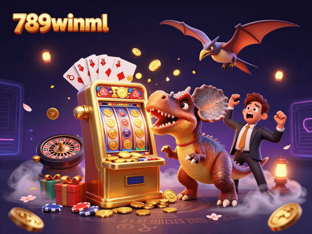 Engage with 789winml as a cartoon pachycephalosaurus triggers a jackpot, surrounded by vibrant casino elements.