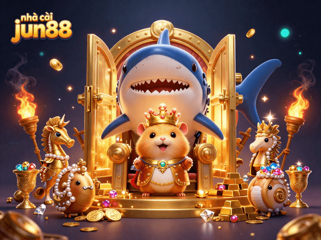 Engage with nhà cái jun88 as the golden hamster king rules from a treasure throne amidst sparkling riches.
