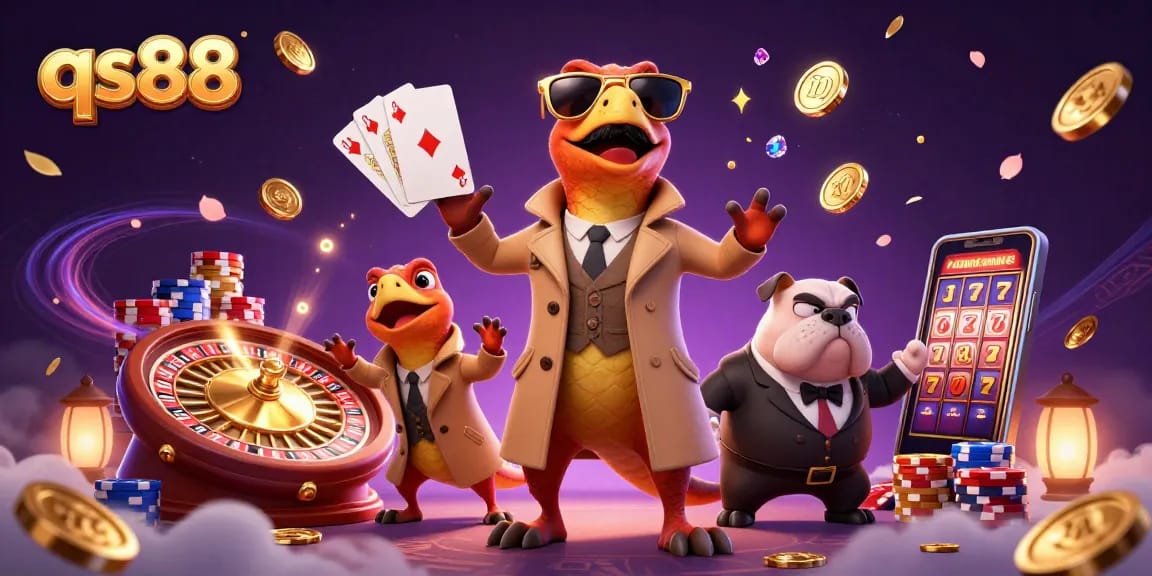 Experience excitement in qs88's dynamic VIP casino with playful raptors and golden jewels!