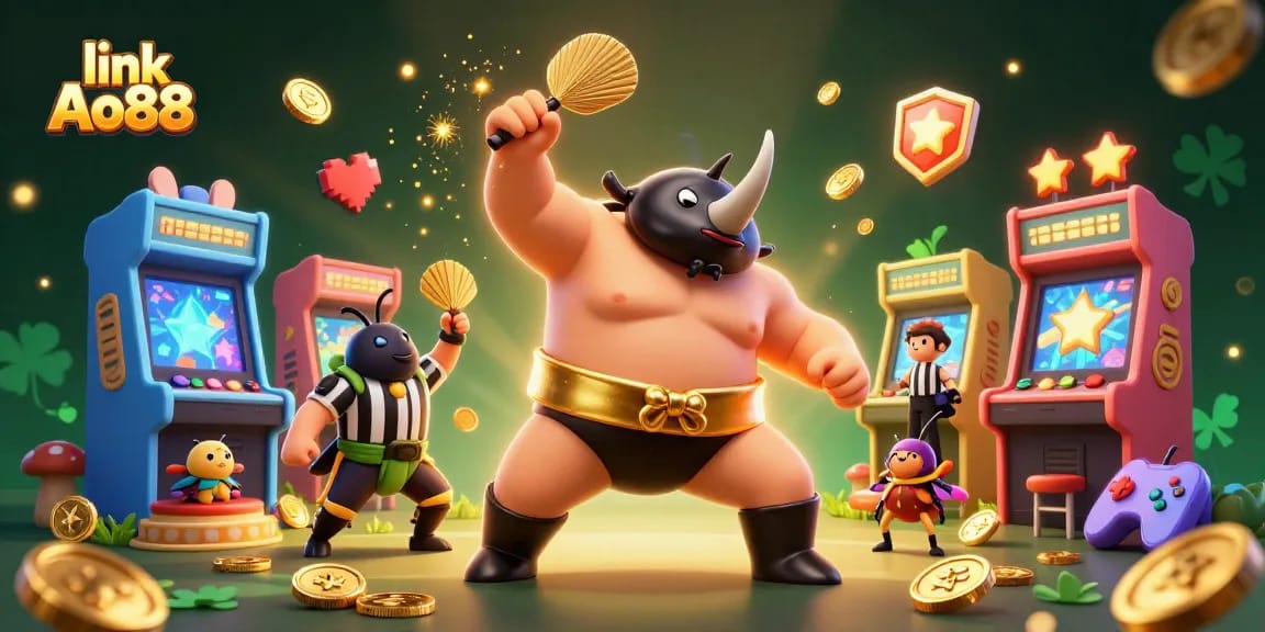 Experience excitement with link Ao88 as the golden hero beetle champions a fun-filled casino scene.