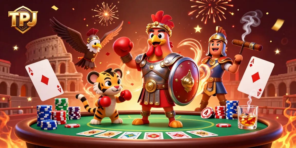 Experience the thrill of poker with TPJ's dynamic gladiator scene showcasing strategy and excitement.