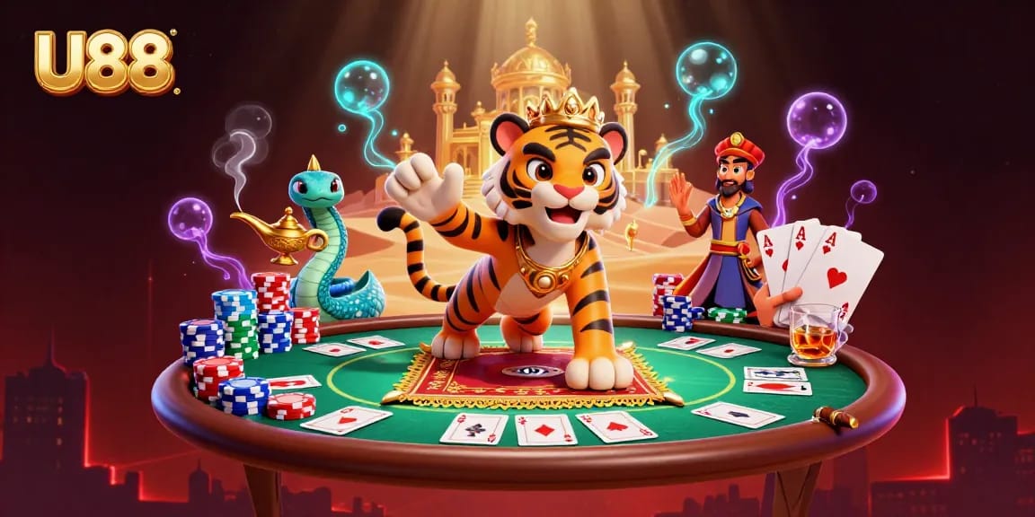 U88 sultan on a flying carpet of poker chips surrounded by vibrant casino elements.
