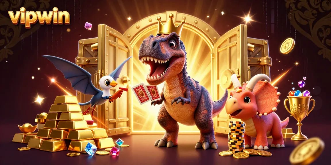 Experience thrilling gaming at vipwin with a friendly dinosaur dealer and dynamic casino elements.