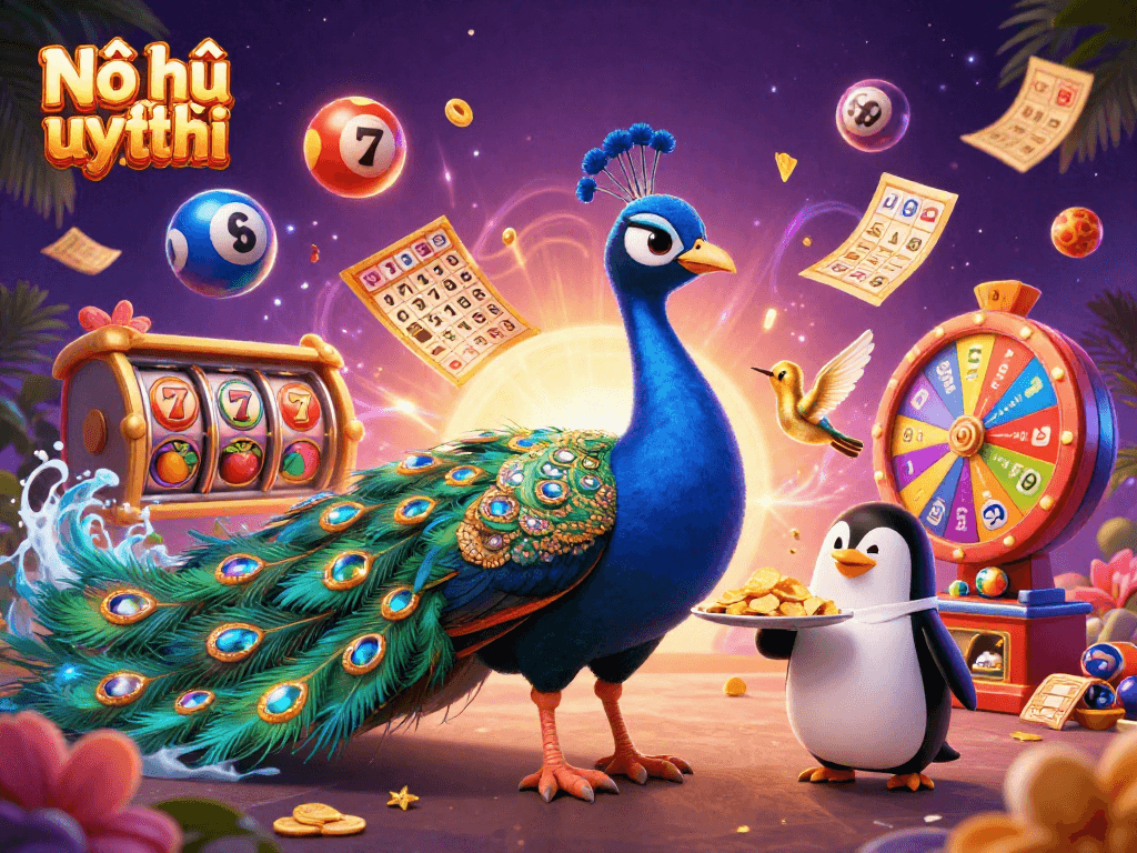 Experience the excitement of Nổ hũ uy tín with a vibrant 3D casino scene featuring colorful lottery balls.