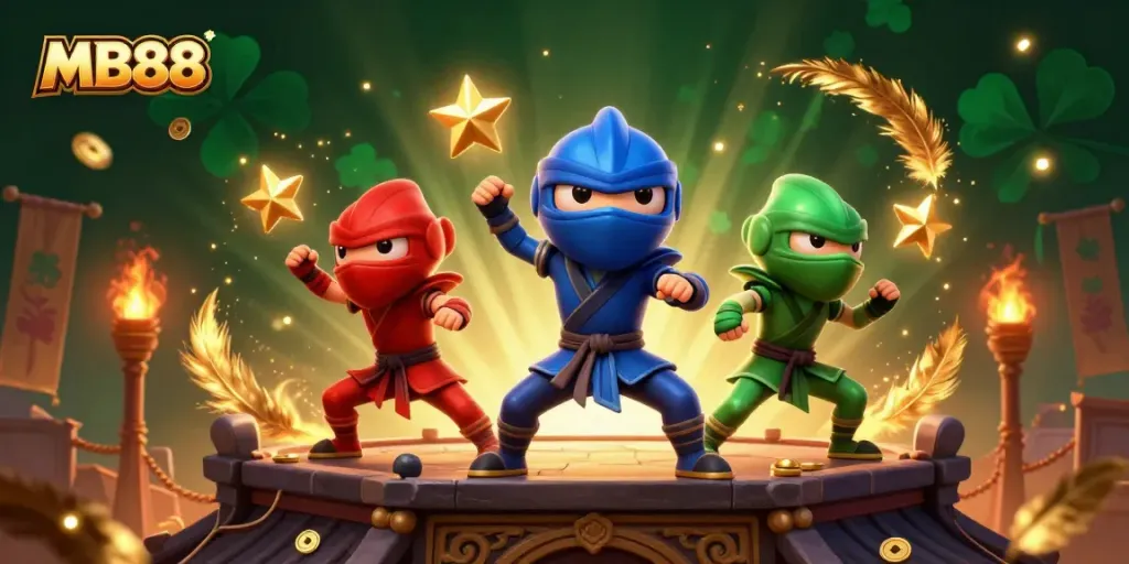 MB88 chameleons perform martial arts poses among golden coins and exciting gambling elements.