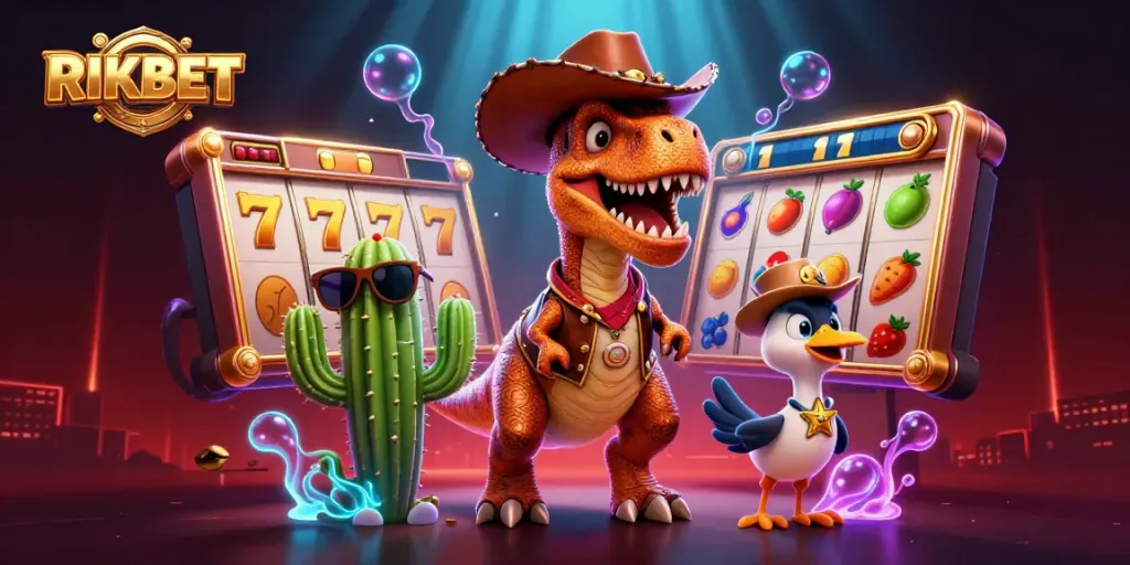 RIKBET's dynamic gaming scene with T-Rex cowboy and playful characters thrilling in action.