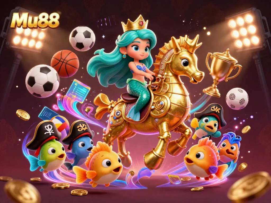 Experience the thrilling action of Mu88 with vibrant characters and sports elements in a dynamic 3D illustration.