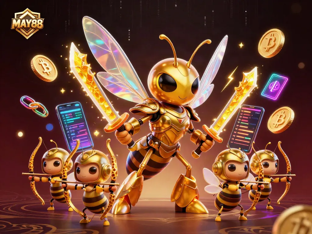 MAY88 offers exciting slot adventures with a samurai hornet leading the way in an energetic 3D scene.