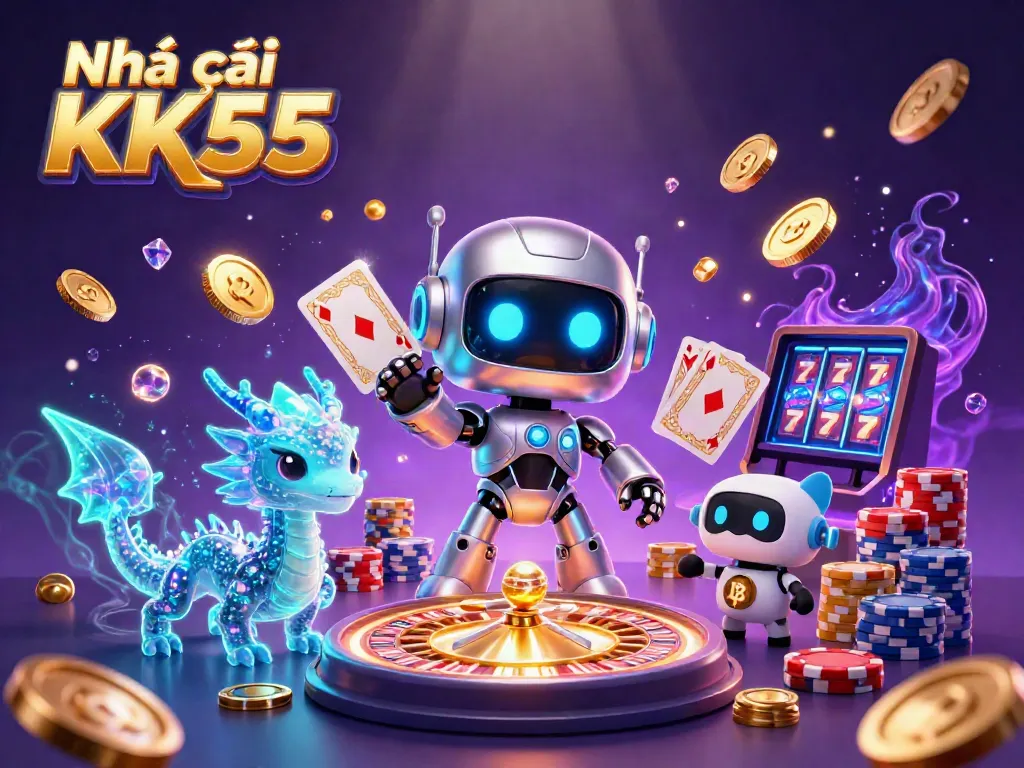 Engage in thrilling gaming experiences at Nhà cái KK55 with vibrant casino elements and dynamic characters.