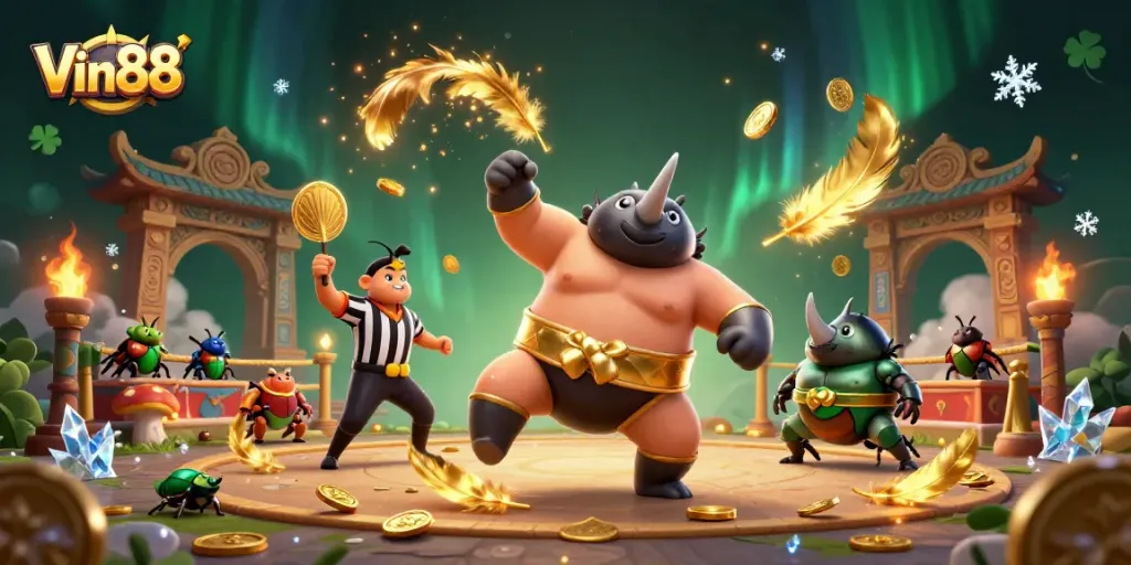 Win big at Vin88 with a lively 3D illustration featuring casino games and vibrant characters.