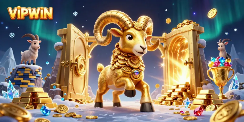 Explore VIPWIN's exciting casino experience with a dynamic golden ram charging through a treasure vault.
