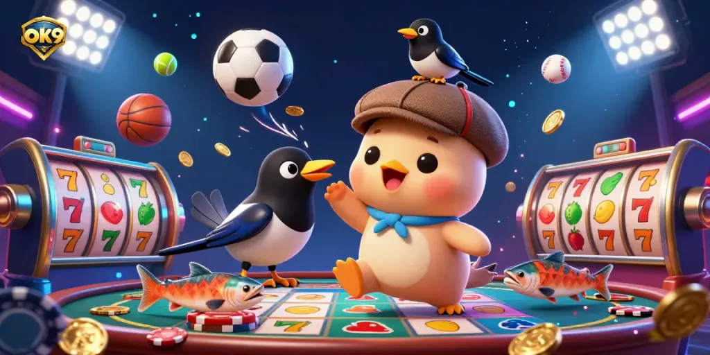 Experience opulent fun with ok9 in this casino-themed illustration featuring baby Nessie and vibrant gambling elements.