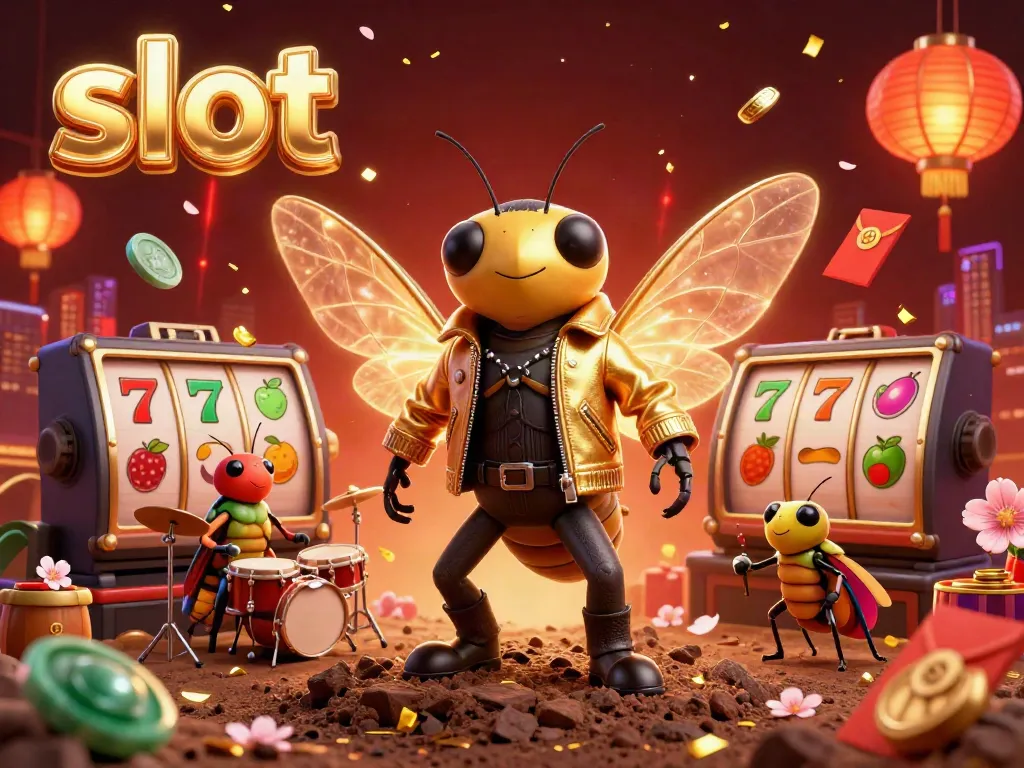 Engaging slot-themed scene with a rock star cicada, beetle drummer, and vibrant gambling elements.