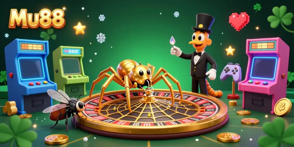Engage in thrilling betting action at Mu88 with a golden spider and centipede croupier in a vivid casino scene.