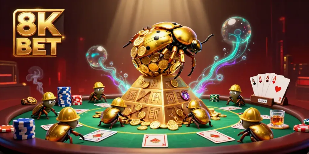 Experience the allure of 8K BET with golden coins and dynamic casino action in this vibrant illustration.