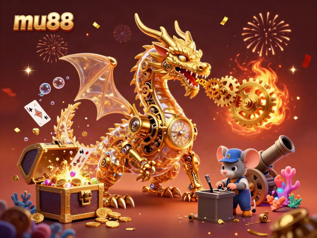 Experience mu88 with a vibrant scene featuring a golden dragon and mouse engineer in a lively casino environment.