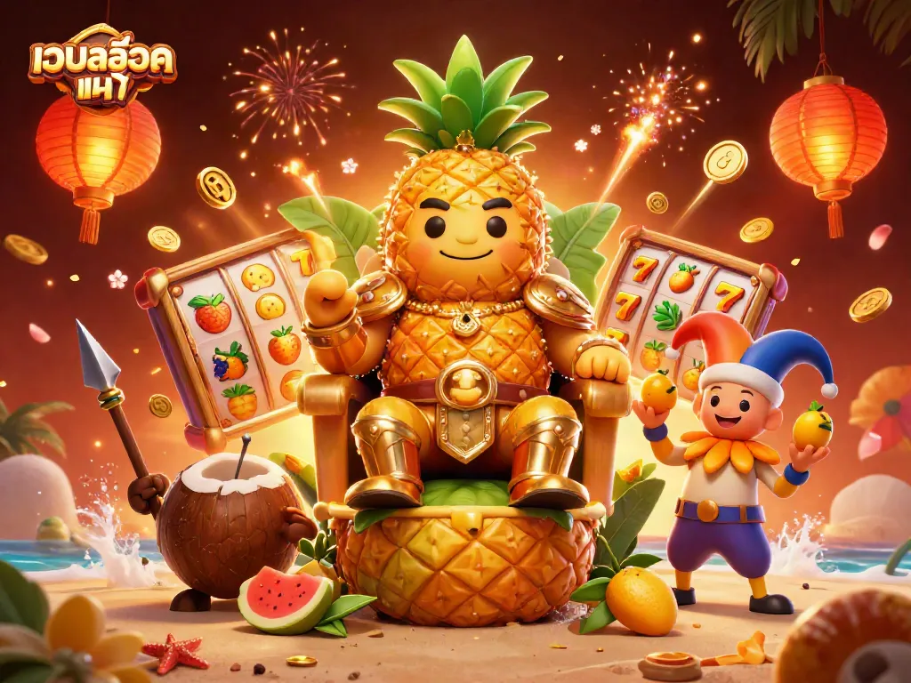 A vibrant illustration of เว็บสล็อตแท้ featuring a golden pineapple king in a casino setting with spinning slot reels and dynamic elements.