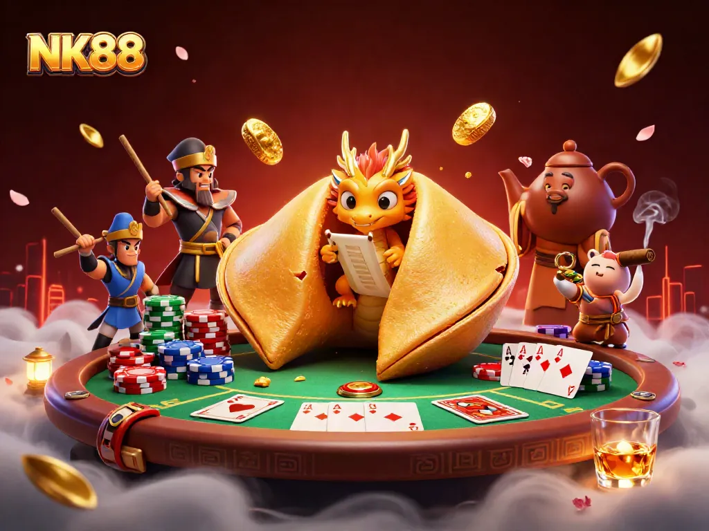 NK88 casino scene showcases a dragon with a fortune cookie, poker elements illustrating engaging gameplay.
