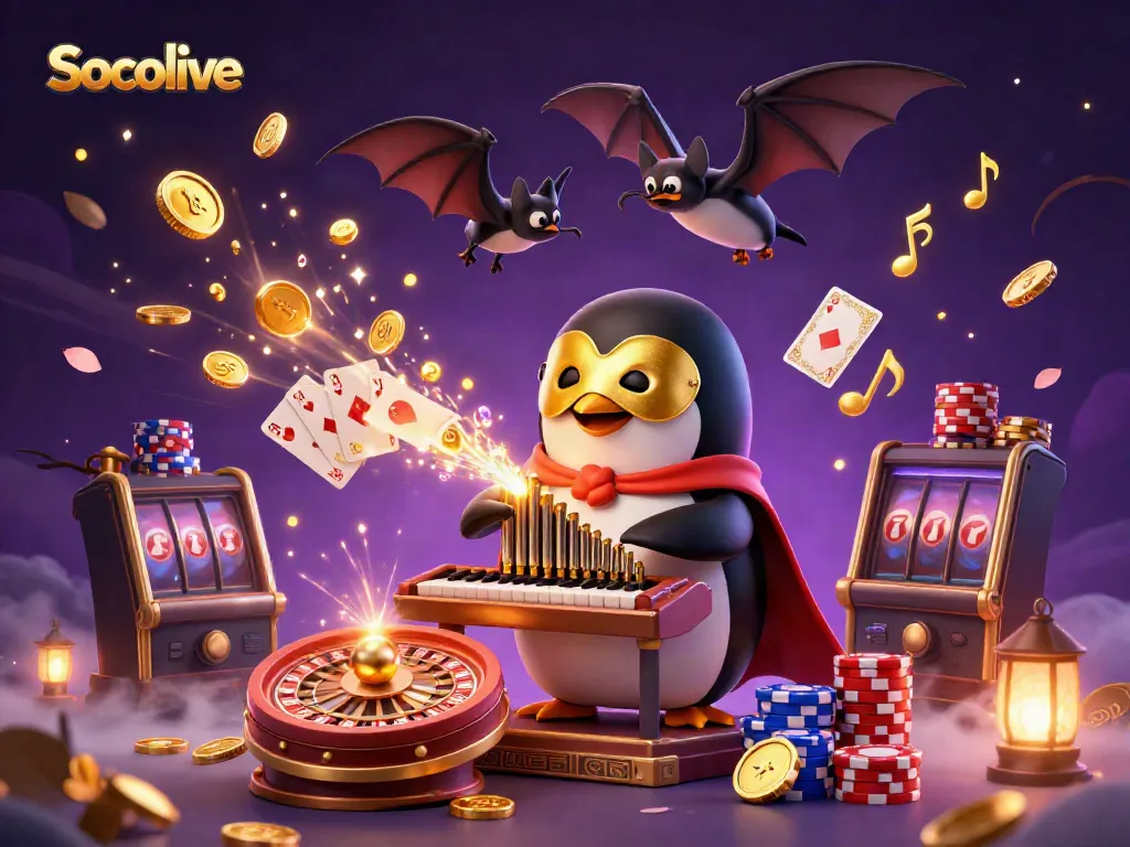 Socolive’s vibrant 3D illustration with golden coins, a phantom penguin, and dynamic gaming elements.