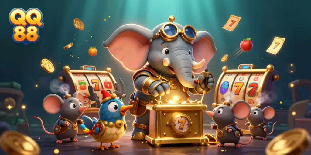 Engage in thrilling slot action with QQ 88, surrounded by vibrant steampunk elements.