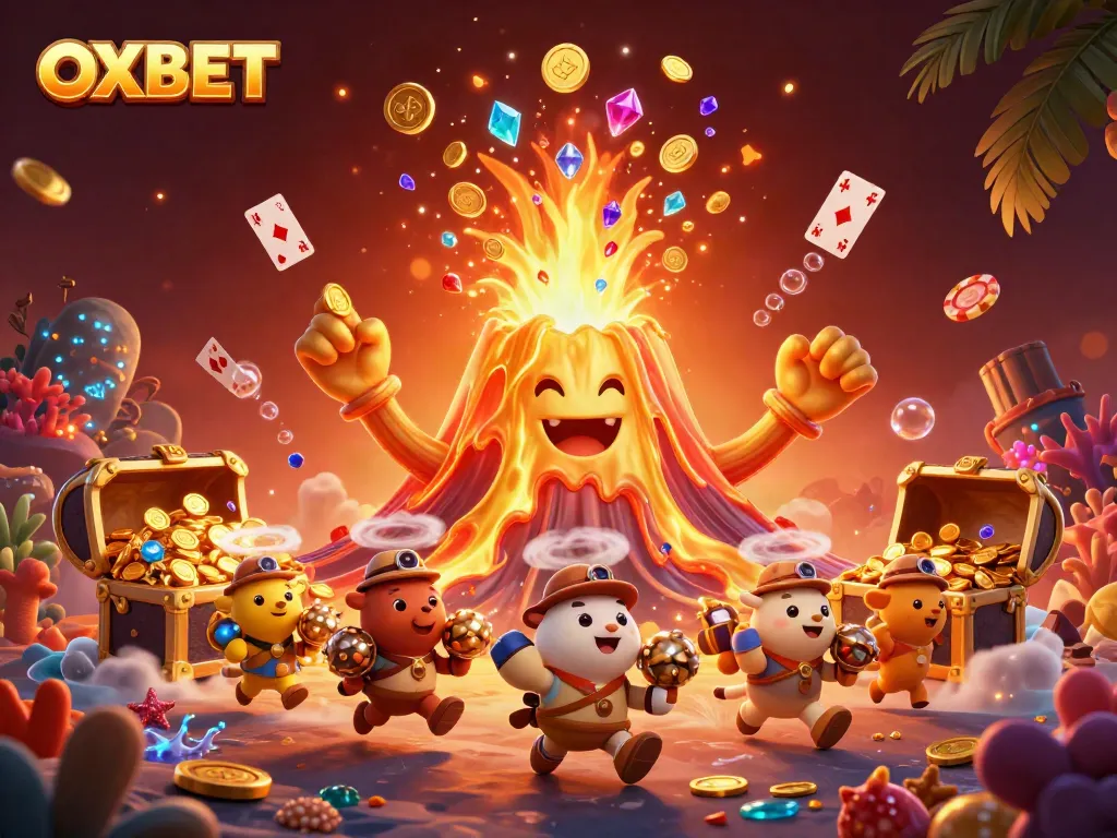 OXBET explores a vibrant casino environment with a golden volcano and treasure in 3D.