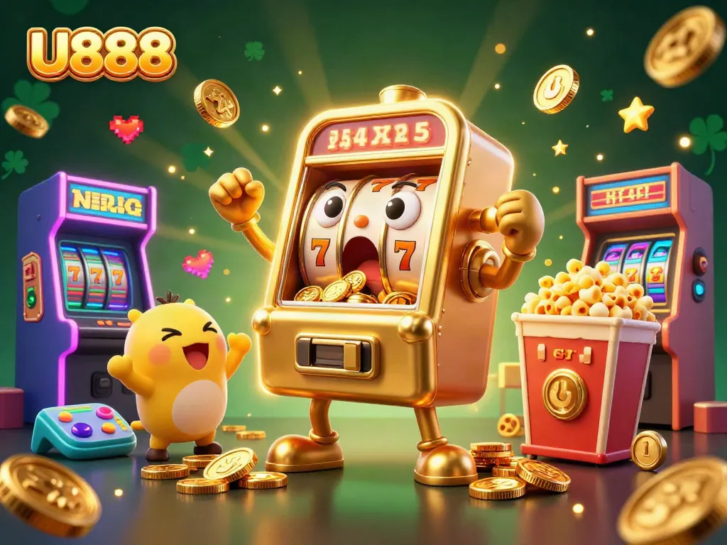 U888 slot machine hits a jackpot, surrounded by cheering baby slots and gold coins