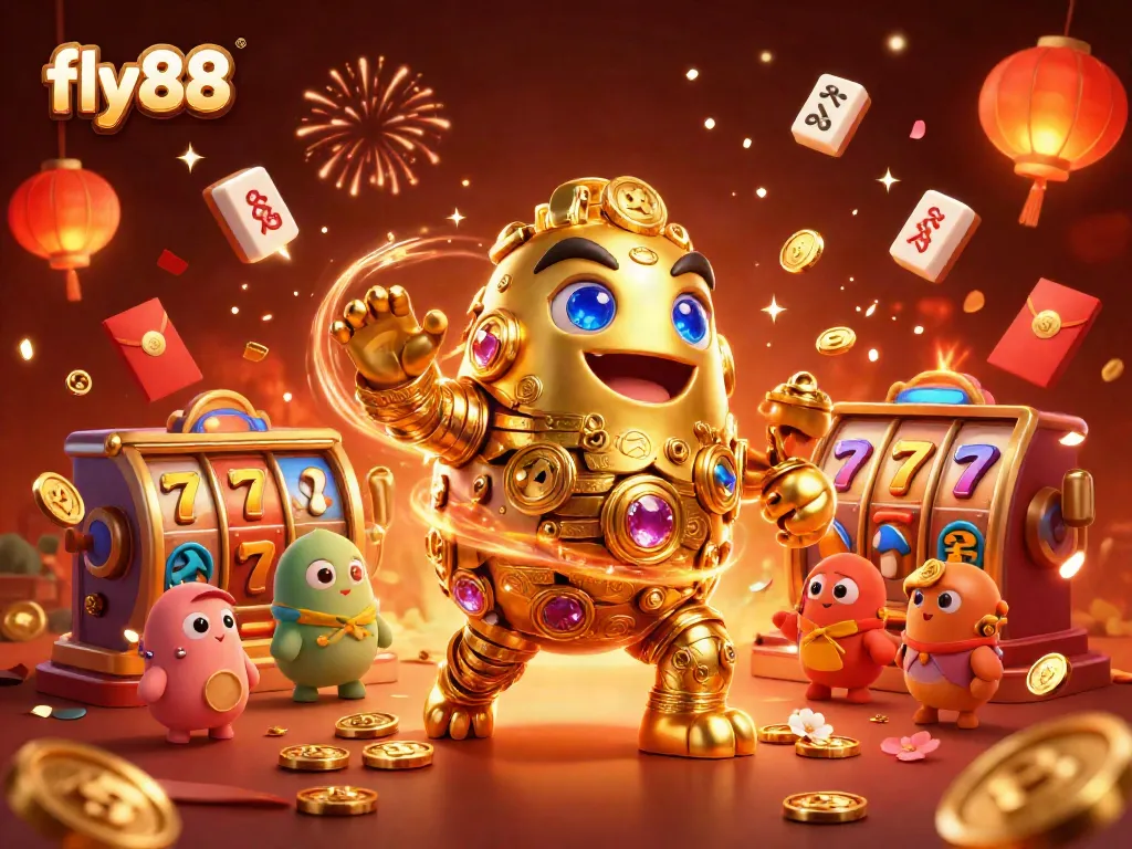 Experience the thrill of fly88 at our vibrant slots casino with animated golden golem and lucky symbols.
