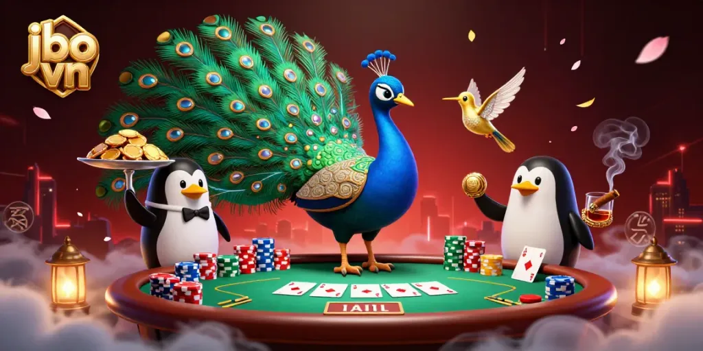 Win big at jbo vn with this vibrant 3D illustration of a peacock, butler, and hummingbird at a poker table.