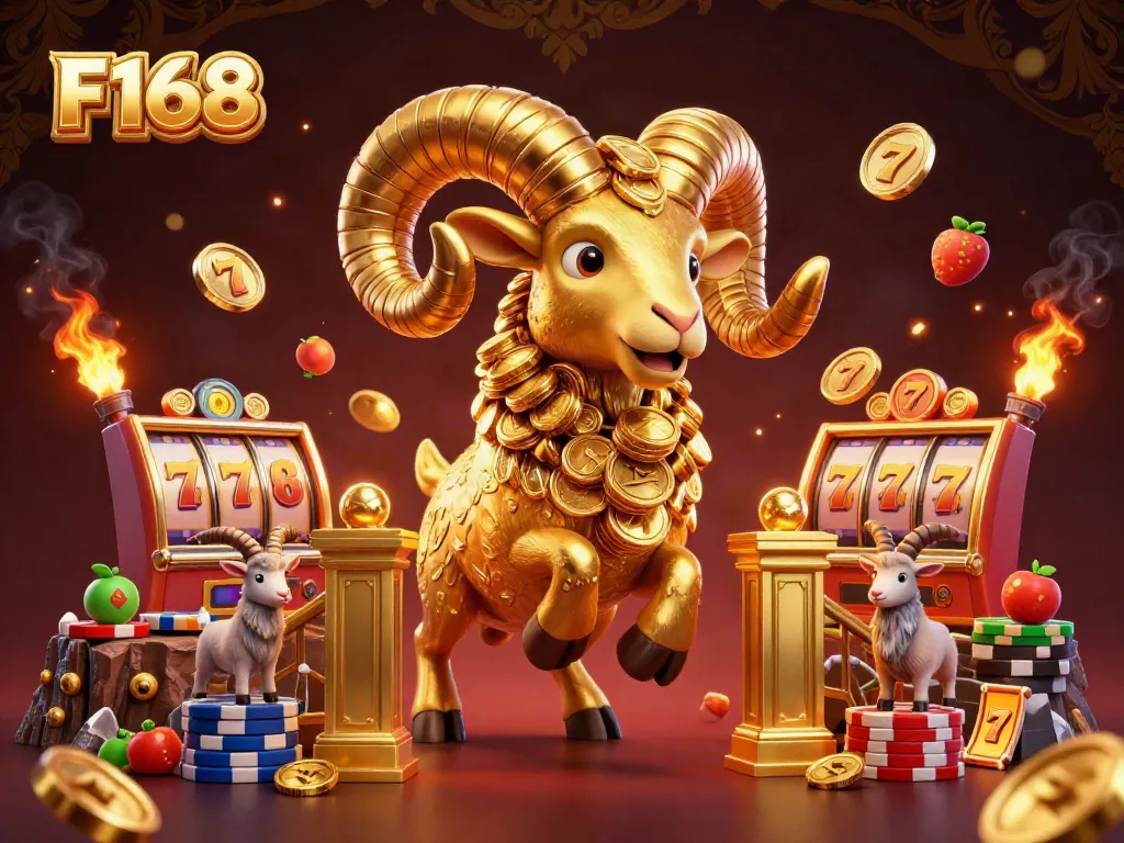 Experience thrilling F168 casino action with a golden ram charging through slot reels and jackpots.