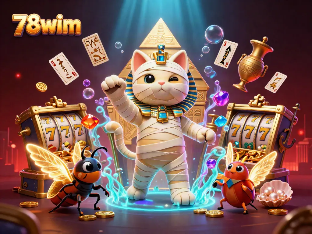 78wim features an adventurous Egyptian mummy in a treasure-filled casino scene with slot reels