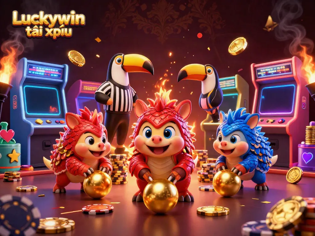 Cheerful pangolins engage in a lively Luckywin tài xỉu game, surrounded by vibrant casino elements.