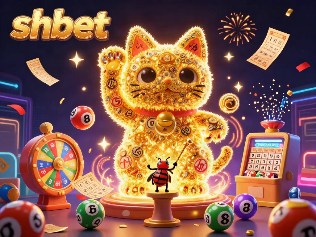 Engage with shbet's vibrant online gaming world featuring a giant lucky cat and dynamic casino elements.