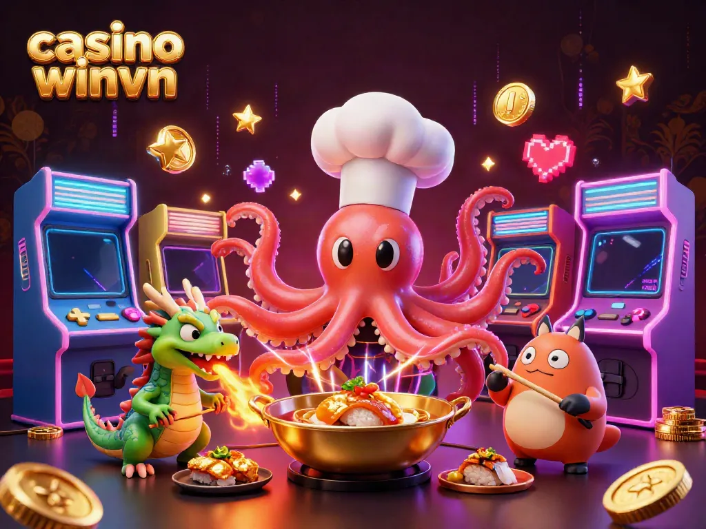 Experience the thrills of casino winvn with a vibrant 3D illustration of unique characters and gaming excitement.