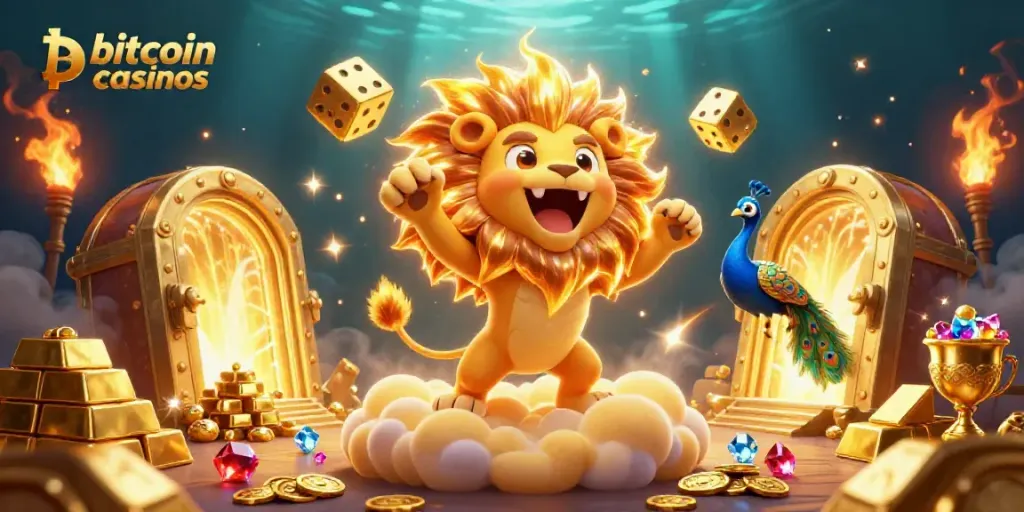 Experience the excitement of bitcoin casinos with a vibrant 3D scene of gambling elements.