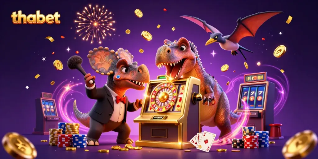3D cartoon scene with thabet characters celebrating a jackpot, showcasing casino elements like coins and cards.