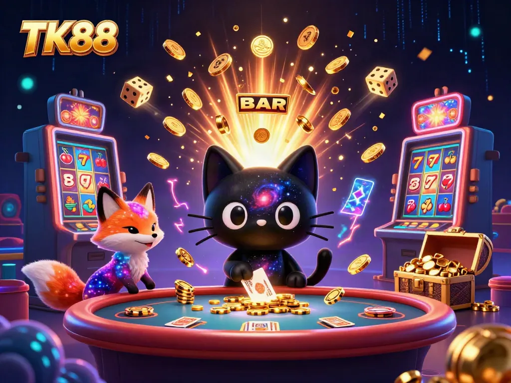 Engage with TK88's vibrant digital casino atmosphere, featuring dynamic gaming elements and characters.